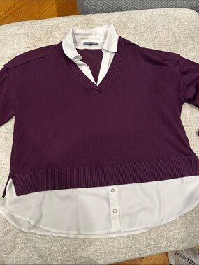 Adrianna Papell Plum V-Neck Sweater with Built-In White Shirt